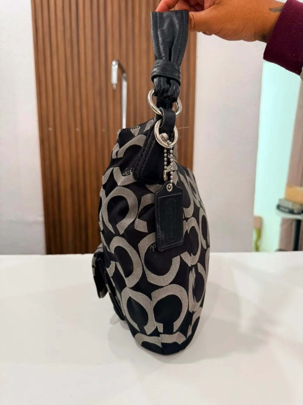 Coach Kristin Sateen Op Art Hobo Bag Black Gray Large Handbag Purse Bag #14753